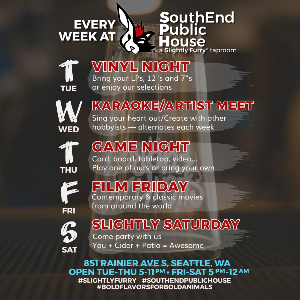 slightlyfurry's tweet image. Here's what we get up to each & every week at our taproom SouthEnd Public House!
#SlightlyFurry #SouthEndPublicHouse #weeklyevents #Seattle