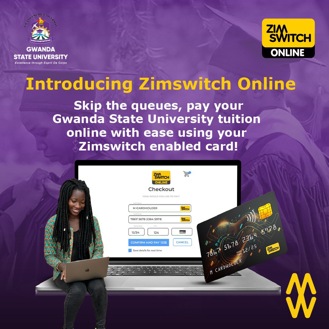 Say hello to seamless payments!  Zimswitch Online is now here for university students. No more long queues or cash hustle — Pay for your school fees online by simply logging into your portal! Its faster, safer, and smarter!