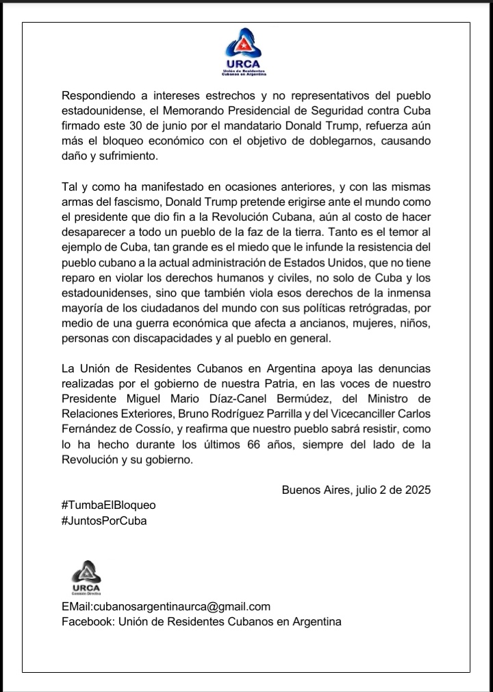 Consulado Cuba-ARG (@consulcuba_arg) on Twitter photo Los cubanos residentes en #Argentina denuncian una vez más la guerra sucia que se esgrime contra nuestro pueblo. El #BloqueoGenocida se recrudece con el nuevo Memorando del inquilino de la Casa Blanca, pero no nos doblegarán.
#TumbaElBloqueo
#JuntosPorCuba Los cubanos residentes en #Argentina denuncian una vez más la guerra sucia que se esgrime contra nuestro pueblo. El #BloqueoGenocida se recrudece con el nuevo Memorando del inquilino de la Casa Blanca, pero no nos doblegarán.
#TumbaElBloqueo
#JuntosPorCuba