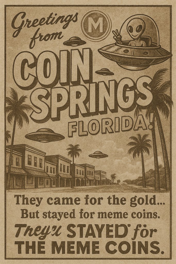 MacCoinBase's tweet image. “They came for the gold…
But stayed for the meme coins.”

Now they’re running a DAO in Coin Springs, Florida.

#WorldUFODay #MACCoin #CryptoMeme