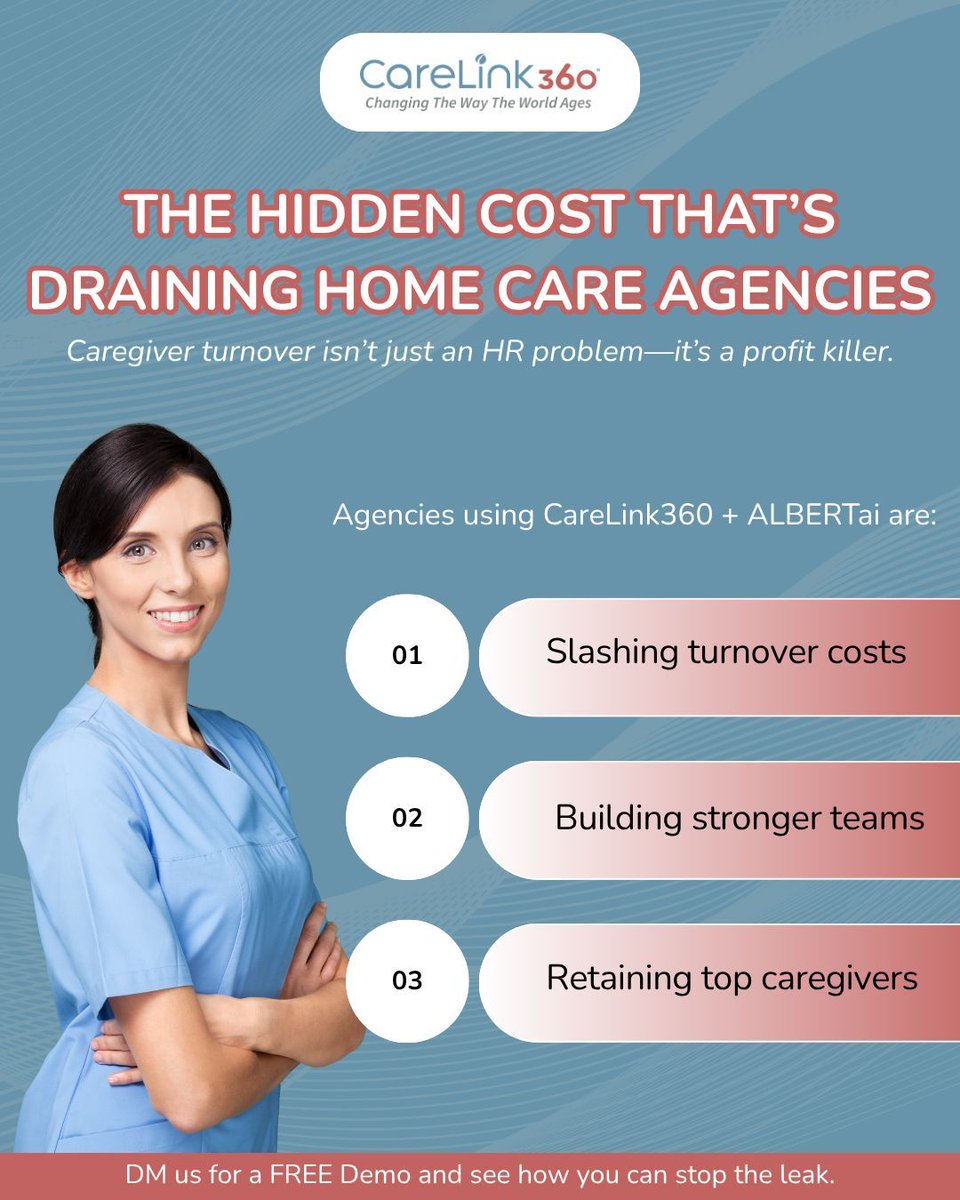 Caregiver turnover costs agencies $171K+ a year. 💸
CareLink360 + ALBERTai helps cut costs &amp; keep top talent.
👉 DM for a FREE demo.
#CaregiverRetention #HomeCareProfit #CareLink360 #AlberAI