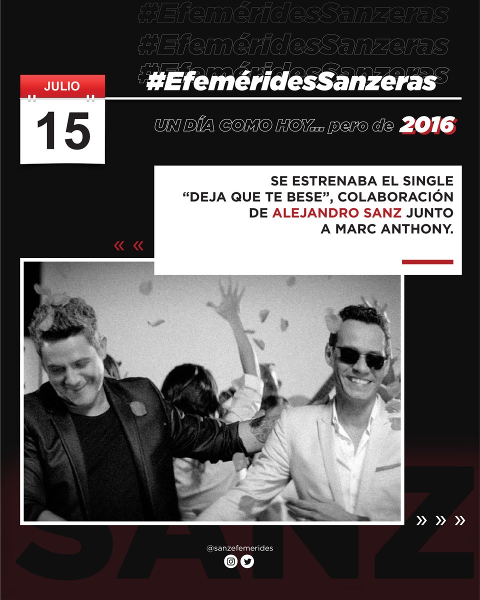 🗓 | #EfemeridesSanzeras 

Un día como hoy, se estrenaba el single "Deja que te bese", colaboración de <a href="/AlejandroSanz/">Alejandro Sanz</a> junto a Marc Anthony. 

#AlejandroSanz  
#UnDíaComoHoy #TalDíaComoHoy #Efemérides