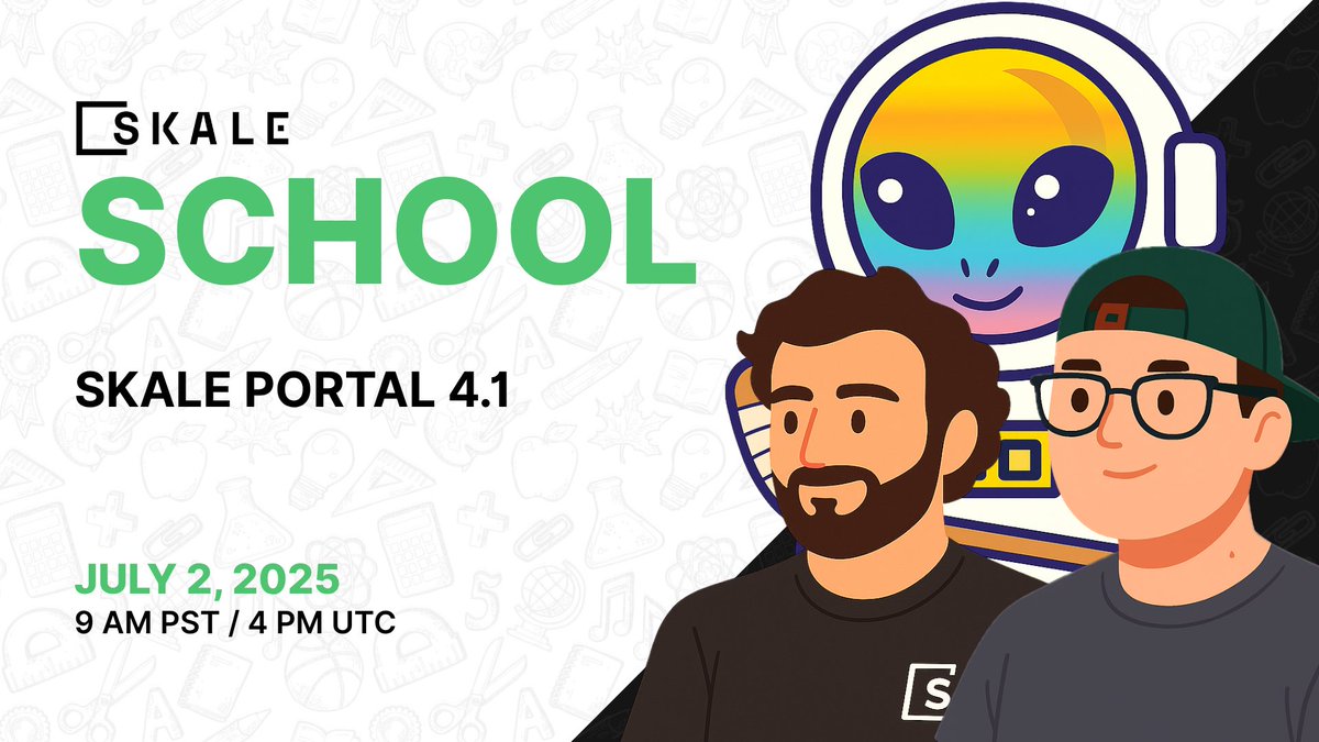 GM ☀️ 

Join <a href="/TheGreatAxios/">Sawyer</a>, <a href="/iFalcore/">Falcore</a> &amp; <a href="/0xTheBarbarian/">Manuel Barbas</a> today for a special SKALE School

We’re diving into the updated 4.1 portal, how it works and all the new changes! 

Don’t miss out, join us live in Discord 👇