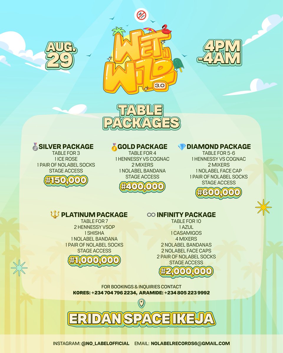 nolabel_fest's tweet photo. The countdown to Wet &amp; Wild 3.0 is officially on!
🎟️ Tickets are LIVE on our website, hit the link in bio to grab your Early Bird and VIP tickets now!  For table bookings and reservations, call or text the numbers listed or slide into our DMs on any social platform. #WetAndWild3 https://t.co/0ZOs6kHJL2