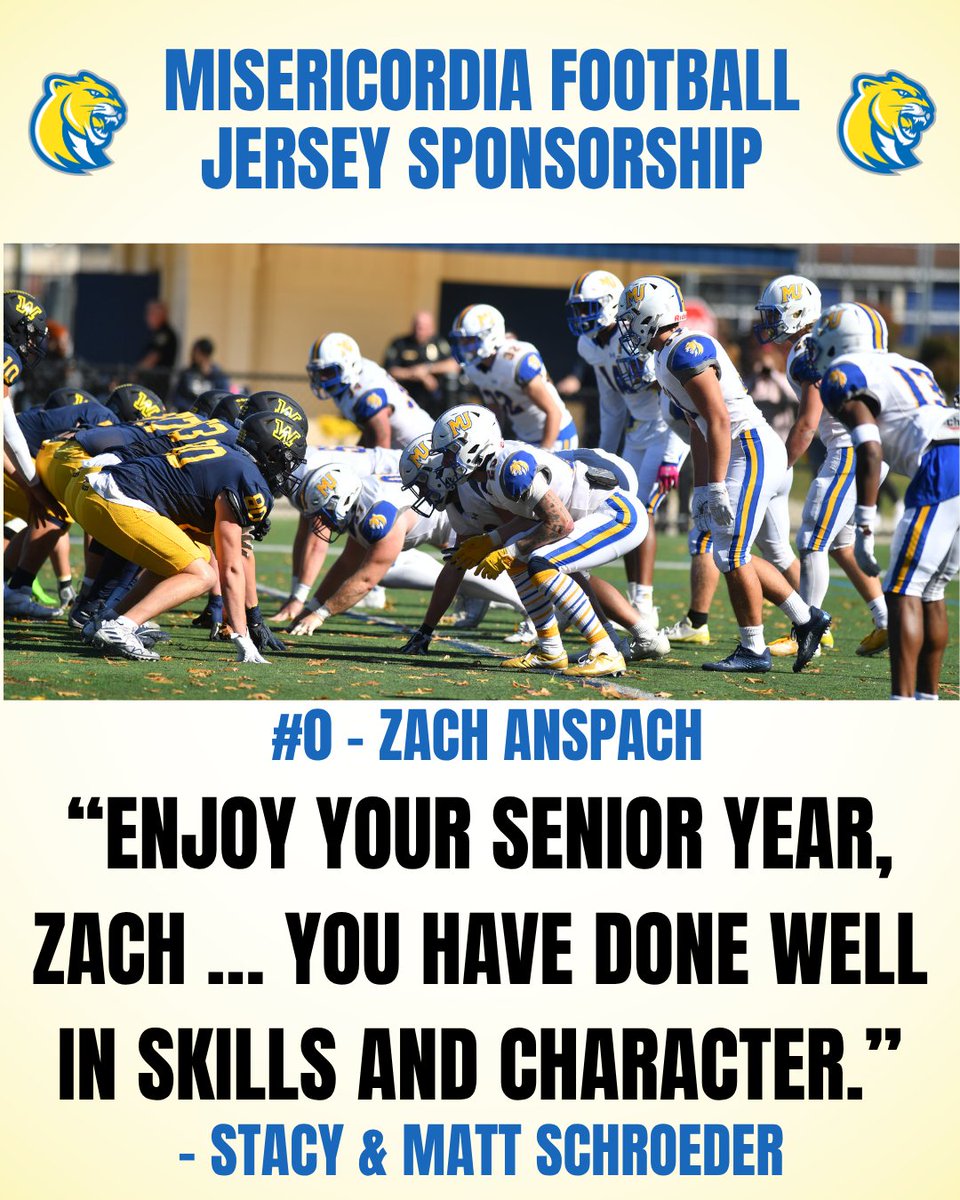 Misericordia University Football (@mucougarsfb) on Twitter photo Thank you to Stacy & Matt Schroeder for your sponsorship of #0 SR DL Zach Anspach (<a href="/AnspachZach/">Zach Anspach</a>)
If you are interested in sponsoring a Jersey click HERE⬇️ misericordia.edu/football-jerse… Thank you to Stacy & Matt Schroeder for your sponsorship of #0 SR DL Zach Anspach (<a href="/AnspachZach/">Zach Anspach</a>)
If you are interested in sponsoring a Jersey click HERE⬇️ misericordia.edu/football-jerse…