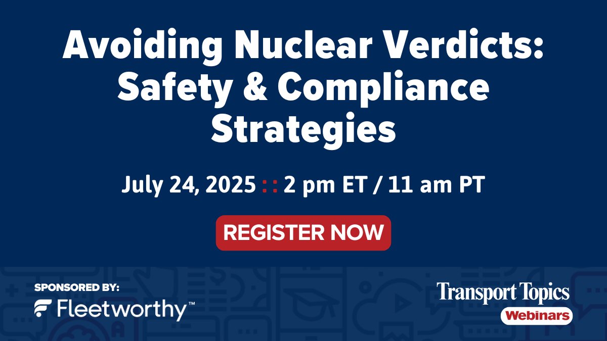 Transport Topics (@transporttopics) on Twitter photo #Upcoming: On July 24, join us for a vital discussion with experts from <a href="/Fleetworthy/">Fleetworthy</a> about the risk of nuclear verdicts. Gain actionable tips to improve your fleet safety strategy and build a defense against future risk. Free to attend. Register now: ttnews.com/webinar/avoidi… #Upcoming: On July 24, join us for a vital discussion with experts from <a href="/Fleetworthy/">Fleetworthy</a> about the risk of nuclear verdicts. Gain actionable tips to improve your fleet safety strategy and build a defense against future risk. Free to attend. Register now: ttnews.com/webinar/avoidi…