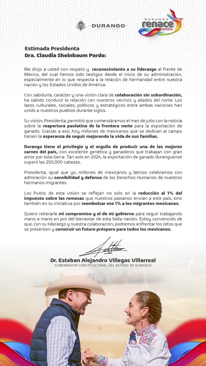 Presidenta <a href="/Claudiashein/">Claudia Sheinbaum Pardo</a>, desde Durango reconocemos su liderazgo y visión para trabajar en equipo por México.
En nuestro estado valoramos su compromiso y sensibilidad con el campo, los migrantes y la relación con nuestros aliados del norte.
Seguimos unidos, trabajando mano a mano