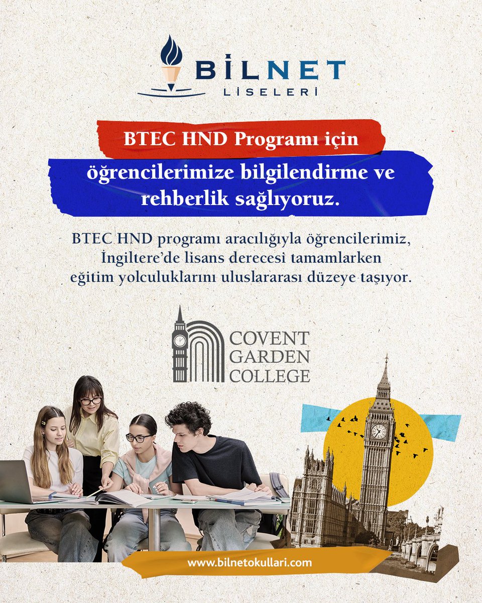 BTEC HND Programı için öğrencilerimize bilgilendirme ve rehberlik sağlıyoruz.

BTECH HND programı aracılığıyla öğrencilerimiz,  İngiltere'de lisans derecesi tamamlarken eğitim yolculuklarını uluslararası düzeye taşıyor.

#BilnetOkulları #BTEC #HND
