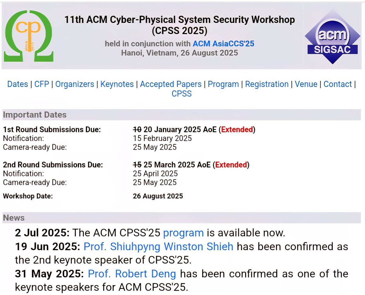 ASIACCS2024's tweet image. ACM CPSS&apos;25 program released.
jianying.space/cpss/CPSS2025/
One-day workshop on cyber-physical system security at ACM AsiaCCS&apos;25 on 26 August: 2 keynotes plus 8 papers.
#cybersecurity, #cpss, #asiaccs