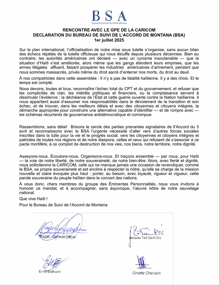 BSA_Montana3008's tweet image. NOTE DU @BSA_Montana3008  (...)"Forts  de ce constat, nous recommandons à la @CARICOMorg
une mission autre: celle de nous écouter  attentivement, humblement, de reconnaître que nous seuls pouvons tracer le chemin vers une  sortie de crise durable"...#Haiti#Ayiti#haitiens#haitians