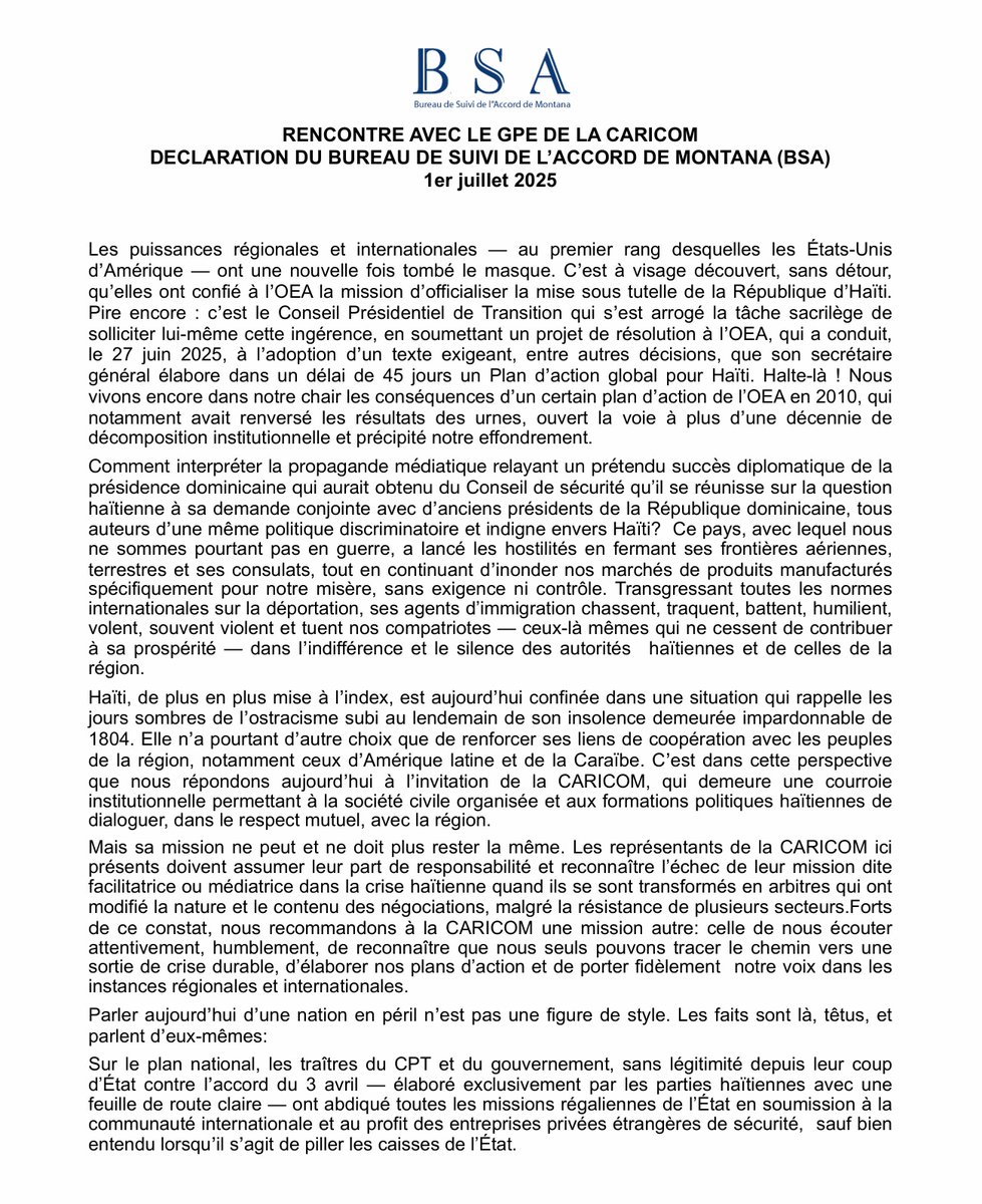 BSA_Montana3008's tweet image. NOTE DU @BSA_Montana3008  (...)"Forts  de ce constat, nous recommandons à la @CARICOMorg
une mission autre: celle de nous écouter  attentivement, humblement, de reconnaître que nous seuls pouvons tracer le chemin vers une  sortie de crise durable"...#Haiti#Ayiti#haitiens#haitians
