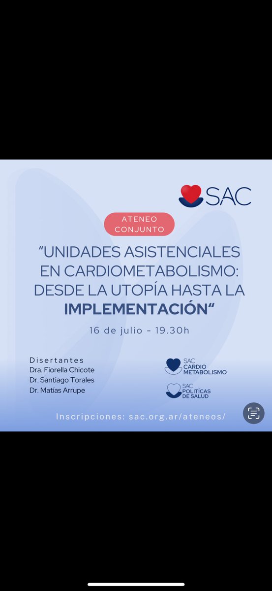 Ateneo Consejo Cardiometabolismo

🗓️ miercoles 16 de Julio
⏰ 19.30 horas

‼️ inscripción sac.org.ar/sac-eventos/un…

Te esperamos !!