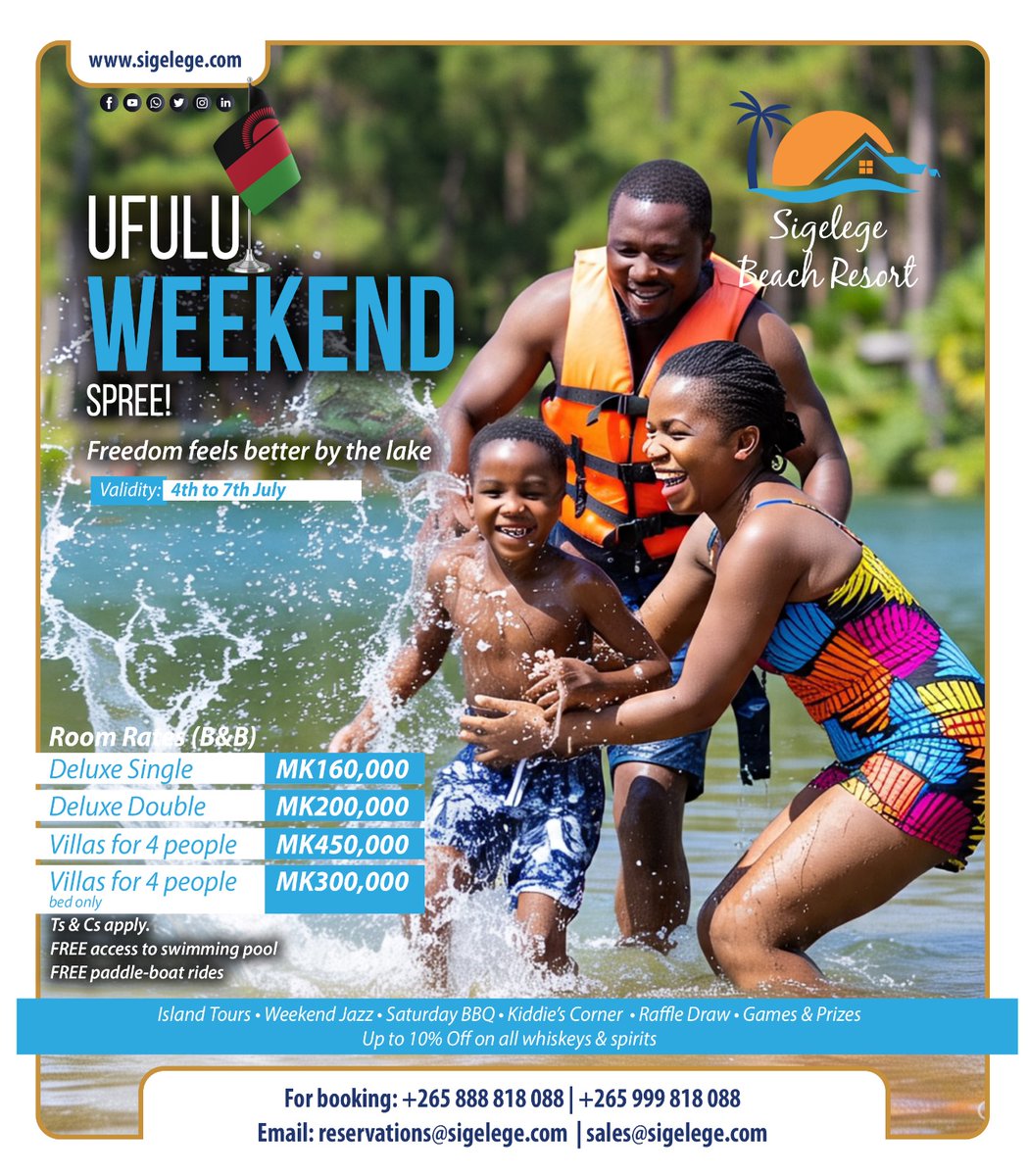 Long Weekend Escape Incoming!

This Independence Day, trade the city buzz for lake breeze 🌊☀️

✨ Treat your loved ones to an unforgettable getaway at Sigelege Beach Resort

⏳ Limited slots — don’t miss out!

📲 Book now: +265 999 818 088 / +265 888 818 088