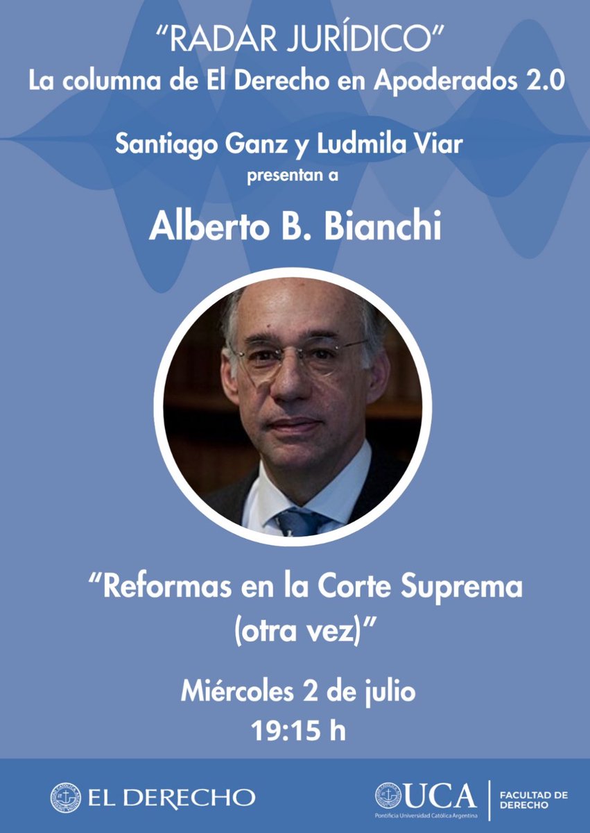 soficalderone's tweet image. 📣 ¡Última columna del semestre! ¡Y un invitado de lujo!
Hoy en “Radar jurídico” —la columna radial de @ElDerechoUCA en Apoderados 2.0—, Ludmila Viar y Santiago Tomás Ganz reciben a Alberto B. Bianchi.
⏰ 19:15 h
📍Conéctate en vivo 📻 lnkd.in/da6v2T32