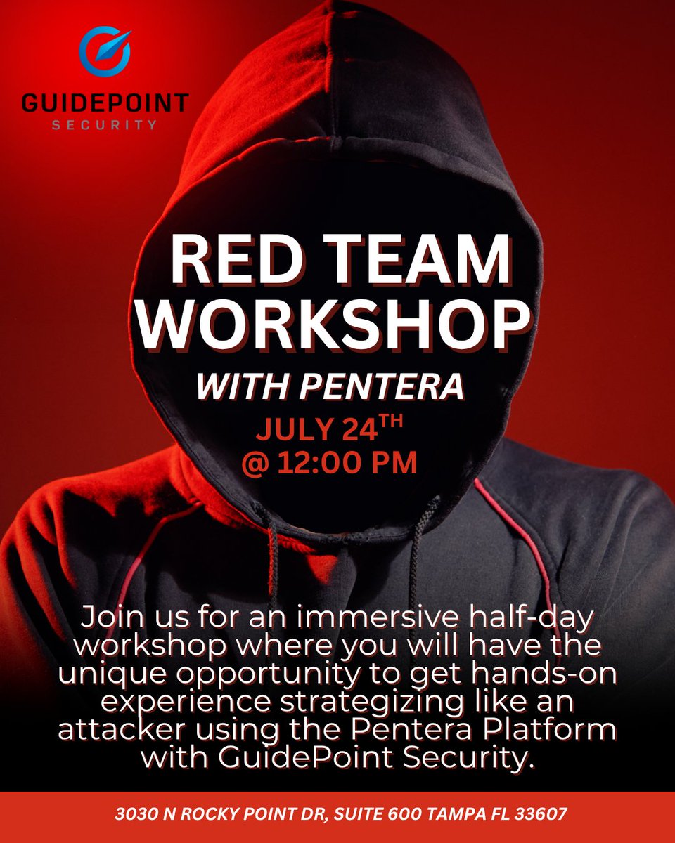 🎯 Red team mindset meets real-world practice.

Join us for a hands-on workshop w/ GuidePoint + Pentera.
💥 Simulate attacks
🧠 Think like an adversary
🛠️ Reveal your real exposure

Bring your laptop.
Lunch is on us.
REGISTER HERE: go.guidepointsecurity.com/2025_07_24_SE_…