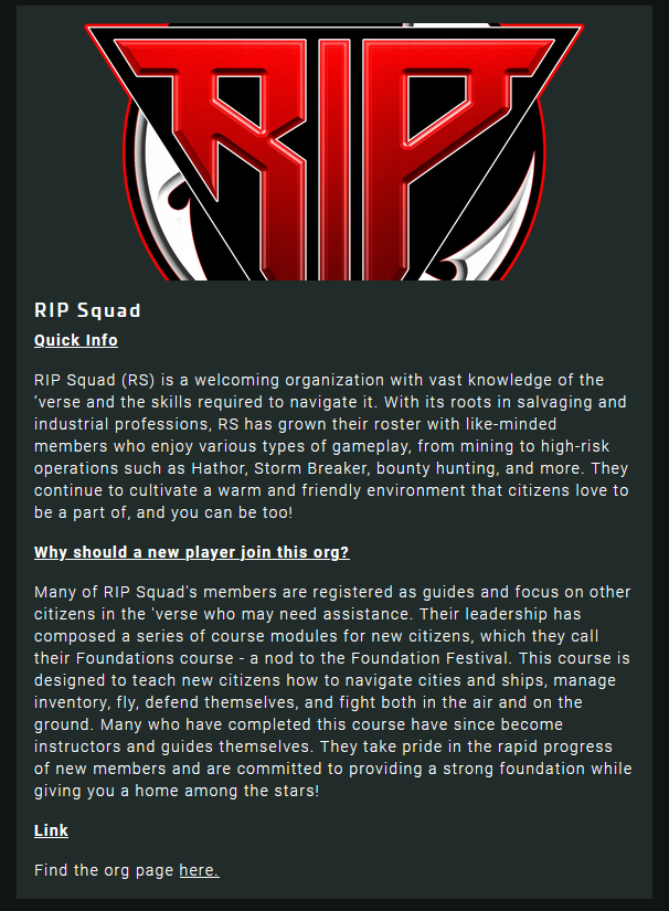 Warlock_RS (@warlock_rs) on Twitter photo I am honored to see RS featured in the Org Spotlight among some other great organizations!
robertsspaceindustries.com/en/comm-link/t…
robertsspaceindustries.com/en/orgs/RIPSQU…
#RIPsquad #Organization #StarCitizen
<a href="/RobertsSpaceInd/">Star Citizen</a> <a href="/CloudImperium/">Cloud Imperium Games</a> I am honored to see RS featured in the Org Spotlight among some other great organizations!
robertsspaceindustries.com/en/comm-link/t…
robertsspaceindustries.com/en/orgs/RIPSQU…
#RIPsquad #Organization #StarCitizen
<a href="/RobertsSpaceInd/">Star Citizen</a> <a href="/CloudImperium/">Cloud Imperium Games</a>