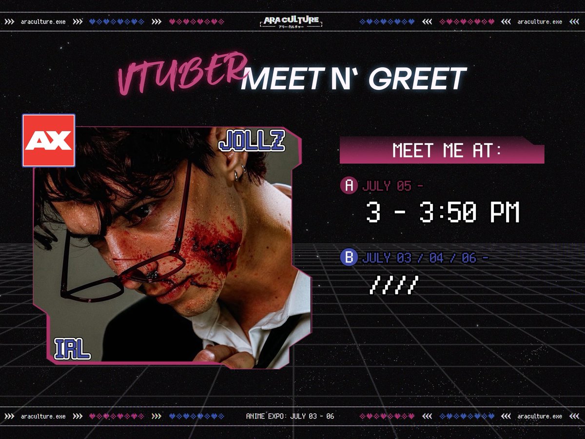 doing a meet n greet at anime expo this weekend!! come say what’s up, ill be at the ara culture booth at 3pm 🖤