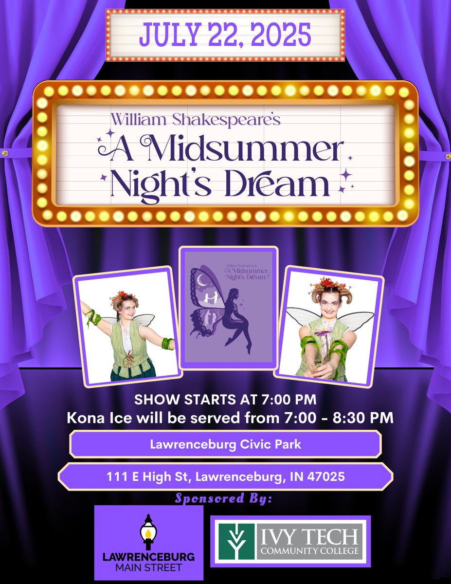 Ivy Tech LburgBville (@ivylburgbville) on Twitter photo Mark your calendars! 🗓️
Join us at Lawrenceburg Civic Park for a performance by <a href="/cincyshakes/">Cincy Shakes</a> ! The show kicks off at 7:00 PM, and we'll have Kona Ice on site from 7:00 PM to 8:30 PM to help you beat the heat. Bring your friends and family for a great time! #Shakespeare Mark your calendars! 🗓️
Join us at Lawrenceburg Civic Park for a performance by <a href="/cincyshakes/">Cincy Shakes</a> ! The show kicks off at 7:00 PM, and we'll have Kona Ice on site from 7:00 PM to 8:30 PM to help you beat the heat. Bring your friends and family for a great time! #Shakespeare