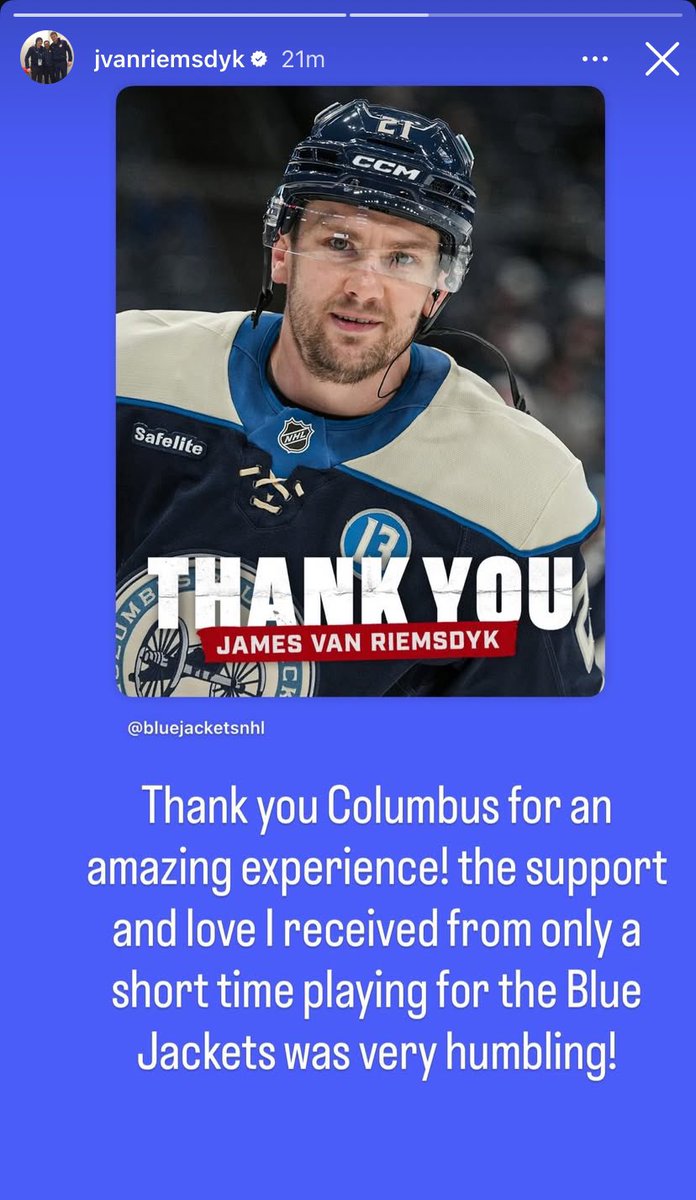 JVR thanking the #cbj fans on his Instagram ❤️💙
