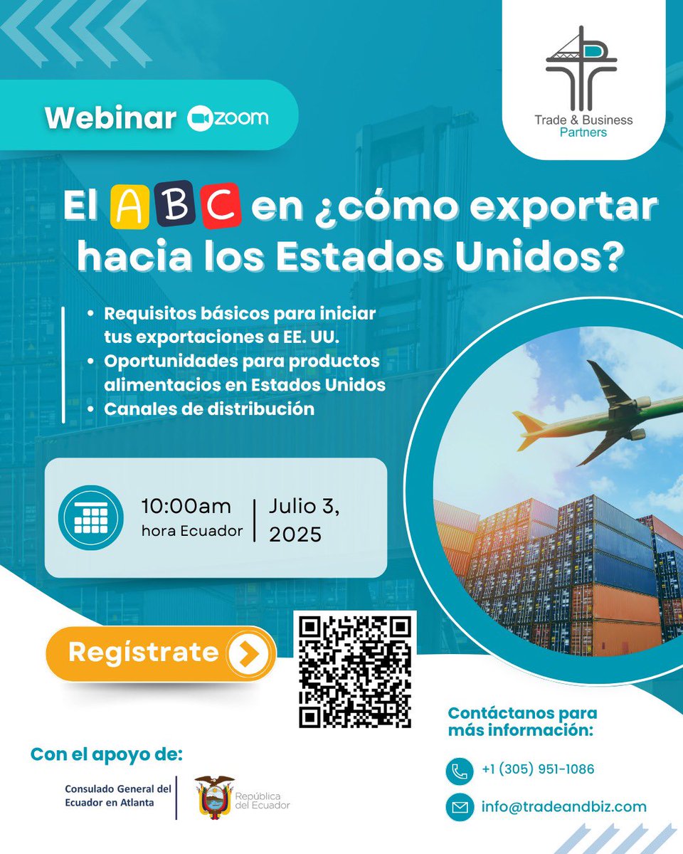 Deseas exportar hacia Estados Unidos? 🇺🇸. No te pierdas este Webinar gratuito organizado por <a href="/TBPartners/">Trade & Business Partners</a> este Jueves 3 de Julio a las 10 AM Ecuador / 11 AM EEUU. Evento con el apoyo del Consulado de Ecuador en Atlanta. 
Interesados registrarse en : 

us02web.zoom.us/meeting/regist…