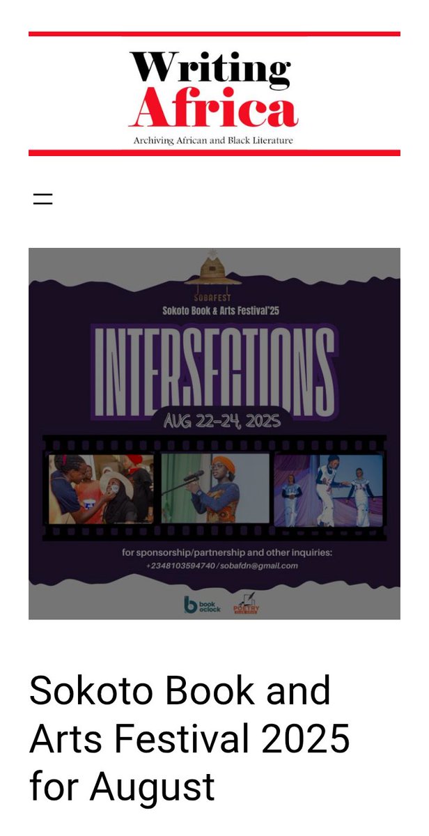 soba_fest's tweet image. SOBAFest 2025 is on @writingafrica_ INTERSECTIONS is happening this August in Sokoto, and we can't wait!
Aug 22–24
Read here: writingafrica.com/sokoto-book-an…
#sobafest #sokoto #africanlit