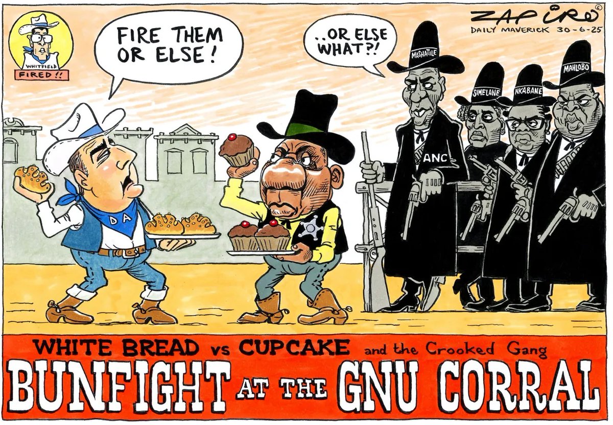 zapiro's tweet image. Zapiro cartoon published on @dailymaverick (30 June 2025) on Stand-off @jsteenhuisen @CyrilRamaphosa @MYANC @Our_DA - zapiro.com/250630dm