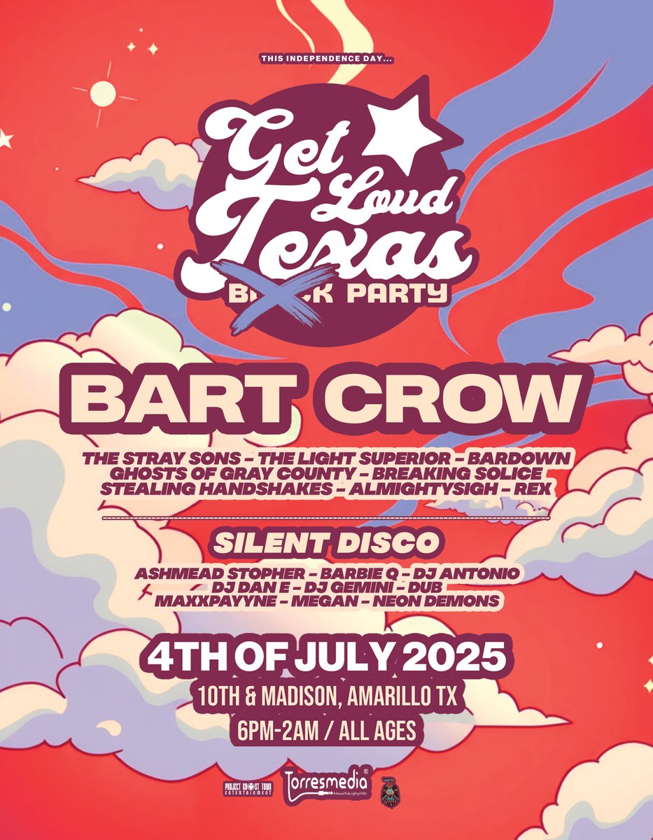 BartCrow's tweet photo. Just a couple of days away is the Get Loud Texas Block Party! It's going to be a ton of fun for 4th of July, with games, food and more. Party starts at 6PM and goes on until 2AM!
Tickets are $15 at the door.
๐ทIG: Todd Farr
#amarillo #getloudtexas #heyprettything #bartcrow https://t.co/bRWc93W2Cf