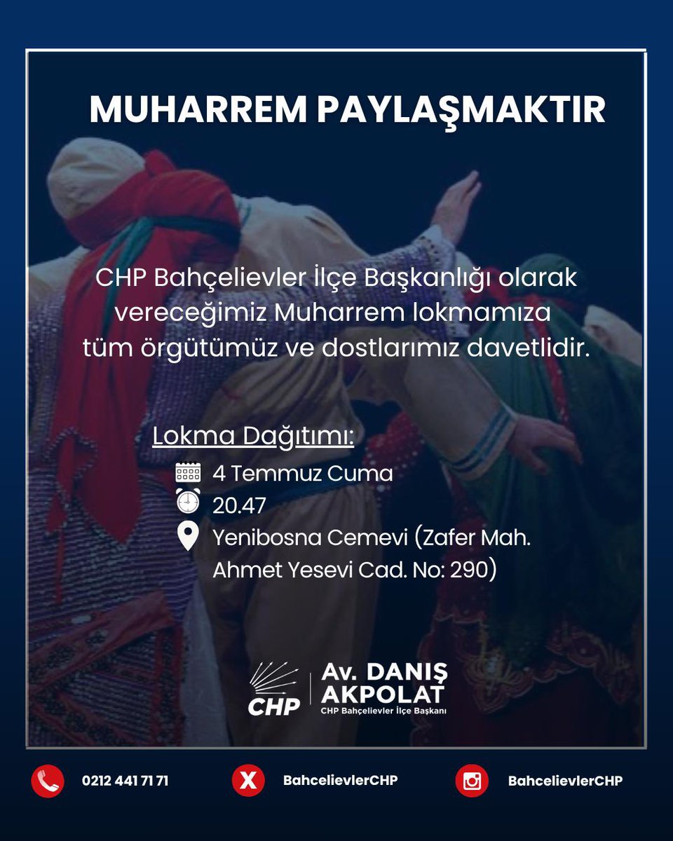 avdanisakpolat's tweet photo. Muharrem paylaşmaktır

CHP Bahçelievler İlçe Başkanlığı olarak vereceğimiz Muharrem lokmamıza tüm örgütümüz ve dostlarımız davetlidir.

Lokma Dağıtımı:
🗓️4 Temmuz Cuma 
🕘20.47
📍Yenibosna Cemevi (Zafer Mah. Ahmet Yesevi Caddesi No: 290) https://t.co/LAj3sRvlZn
