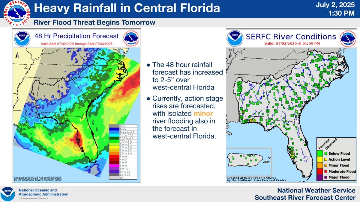 A heavy rain threat for west-central Florida, along with the potential for elevated rivers and minor river flooding, begins tonight and continues through the holiday weekend. Here is out our latest briefing: weather.gov/media/serfc/al…