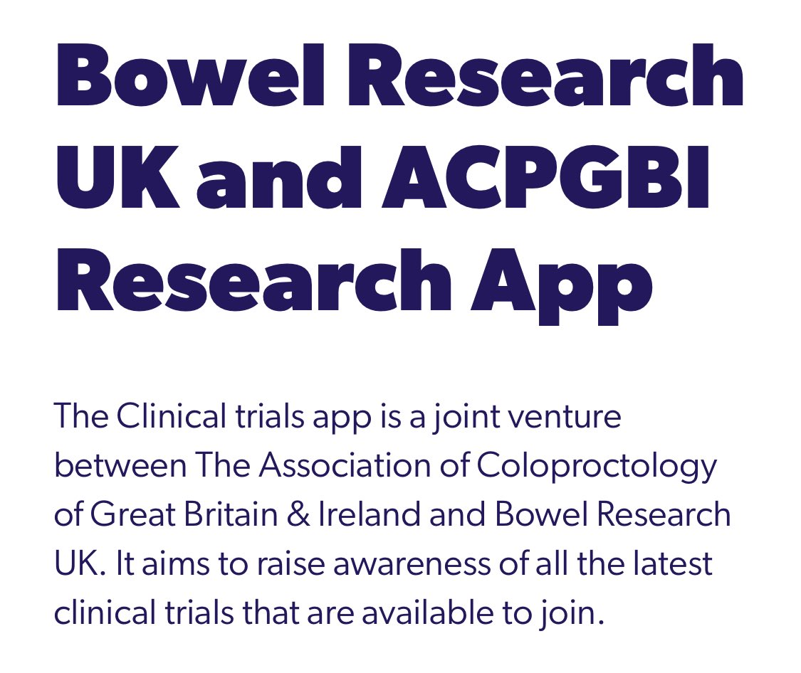 Here’s a new app giving access to the only bespoke, managed mobile database of bowel disease related research - could be a useful tool for any colorectal cancer patients looking for active studies. 

Great initiative from Bowel Research UK and Acpgbi

bowelresearchuk.org/trialsapp/