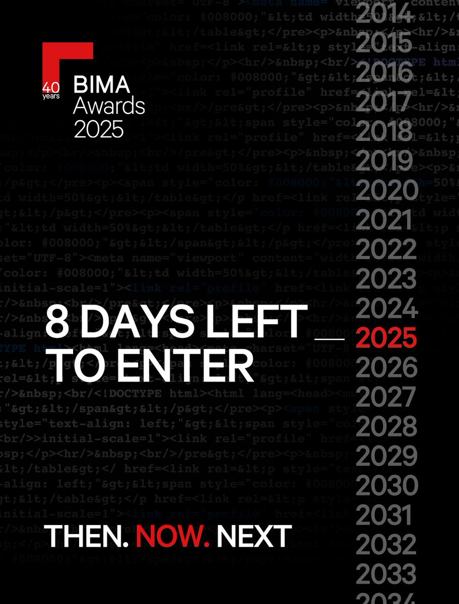 Only 8 days left!
For 40 years, the #BIMAAwards have celebrated British ingenuity &amp; we could be celebrating you this year! Be part of our legacy.
Entries close 11 July: bima.co.uk/bima-programme…

#40Years #ThenNowNext