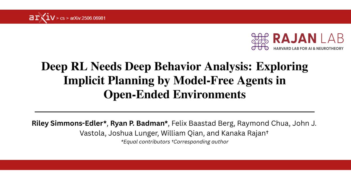Kanaka Rajan (@kanakarajanphd) on Twitter photo (1/7) New preprint from the Rajan Lab! 🧠🤖 <a href="/RyanPaulBadman1/">Ryan P. Badman</a> & <a href="/SimmonsEdler/">Riley Simmons-Edler</a> show–through cog sci, neuro & ethology-how an AI agent with fewer ‘neurons’ than an insect can forage, find safety & dodge predators in a virtual world. Here's what we did
Paper: arxiv.org/pdf/2506.06981 (1/7) New preprint from the Rajan Lab! 🧠🤖 <a href="/RyanPaulBadman1/">Ryan P. Badman</a> & <a href="/SimmonsEdler/">Riley Simmons-Edler</a> show–through cog sci, neuro & ethology-how an AI agent with fewer ‘neurons’ than an insect can forage, find safety & dodge predators in a virtual world. Here's what we did
Paper: arxiv.org/pdf/2506.06981