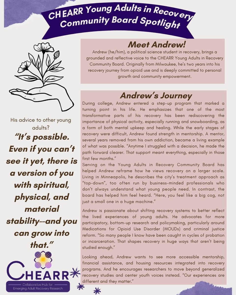 Community Board Spotlight!
Andrew speaks about his college experience &amp; what inspires him to be in the recovery research field. He's passionate about ensuring that recovery centers and treatments reflect the real needs of young adults!
#recoveryresearch #addictionrecovery #CHEARR