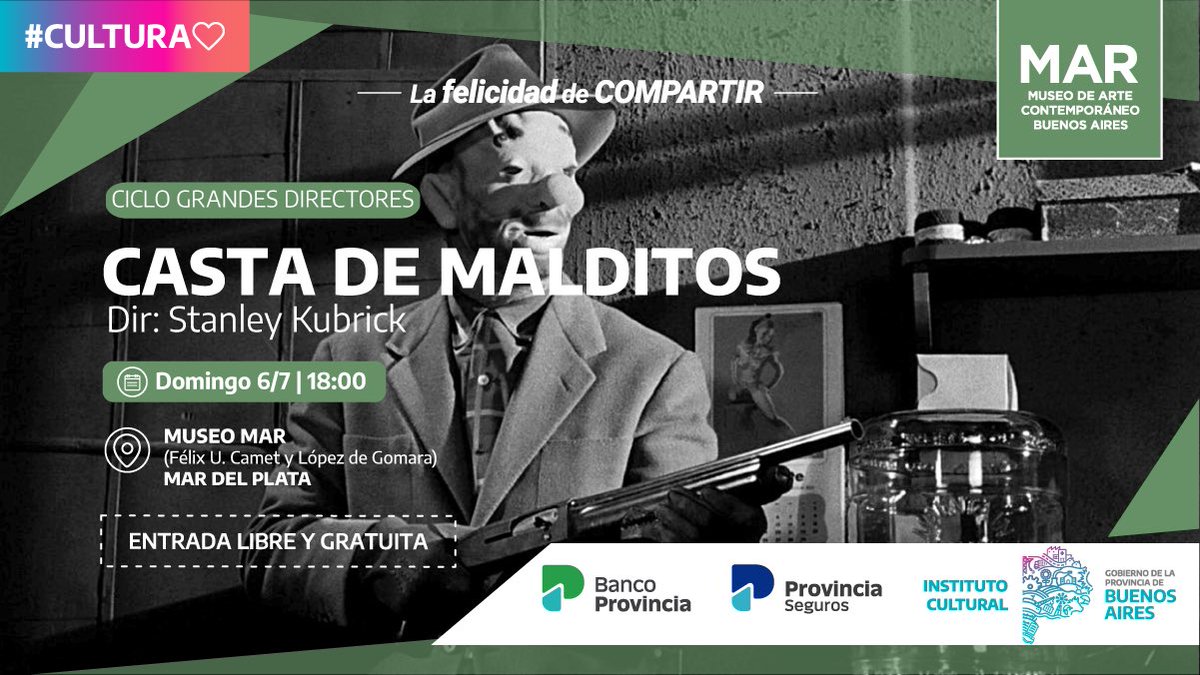 El gran STANLEY KUBRICK llega al MAR 🎥
Este domingo a las 18 continúa el ciclo de Cine Internacional con la proyección CASTA DE MALDITOS.
Durante julio y agosto se presentarán obras del reconocido cineasta estadounidense 🇺🇸 
🎟️ GRATIS
Más info: museomar.gba.gob.ar/articulo-notic…