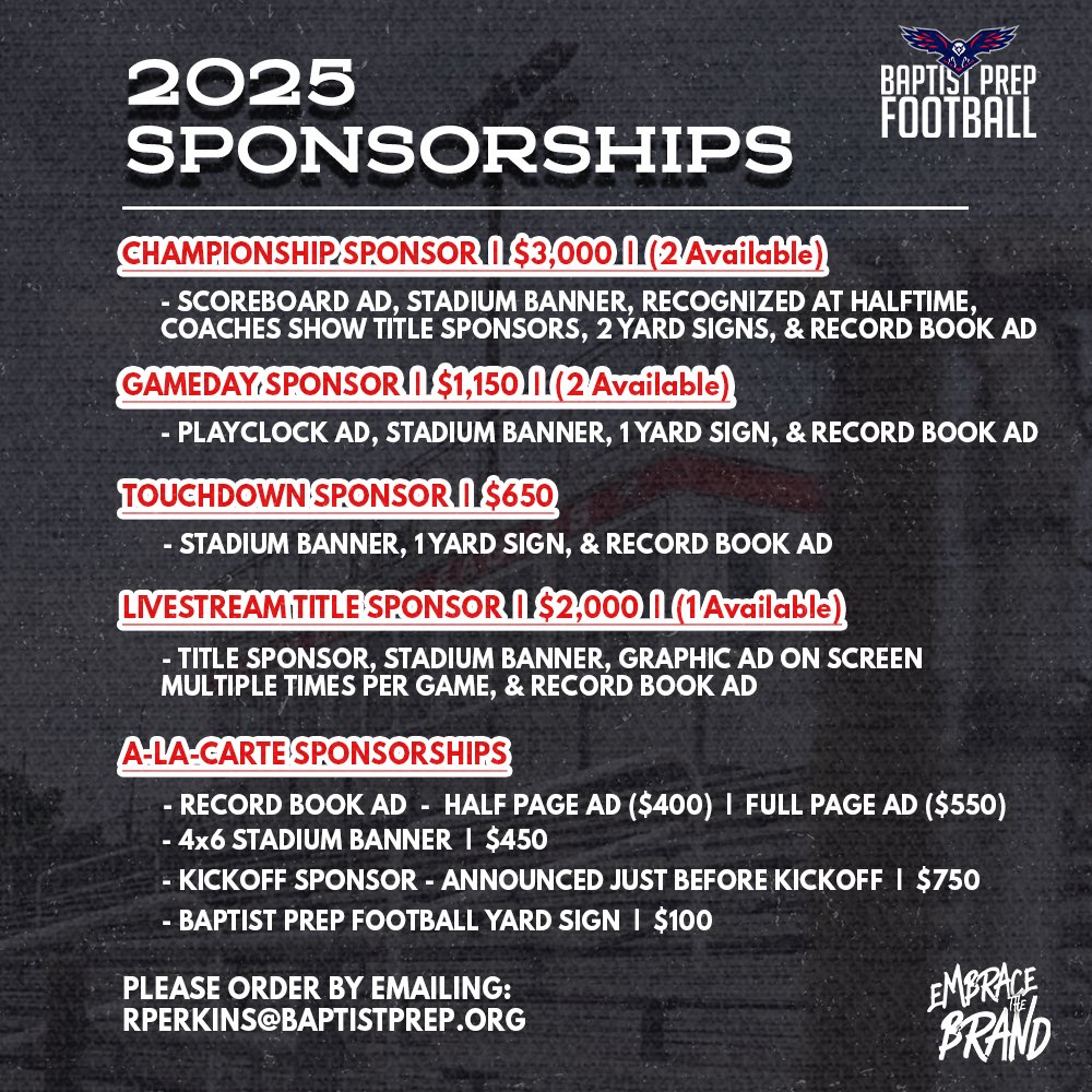 Baptist Prep Football (@baptistprep_fb) on Twitter photo ๐จ NOW AVAILABLE ๐จ
Our โ25 football sponsorships are LIVE! ๐๐ฃ
Whether youโre a business owner, an alum, or just a supporter of our team, this is your chance to be a part of a special season.
๐ฉ DM us or email rperkins@baptistprep.org to learn more and get involved today ๐ช ๐จ NOW AVAILABLE ๐จ
Our โ25 football sponsorships are LIVE! ๐๐ฃ
Whether youโre a business owner, an alum, or just a supporter of our team, this is your chance to be a part of a special season.
๐ฉ DM us or email rperkins@baptistprep.org to learn more and get involved today ๐ช