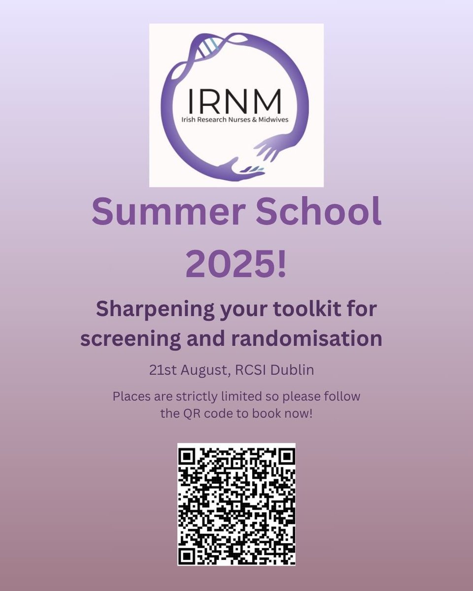 Don’t miss out on our 2025 summer school! Places are strictly limited! Follow the QR code below for booking information. 

Ideal for #researchnurses and #researchmidwives and any other #healthcareproviders working in #clinicaltrials and #clinicalresearch