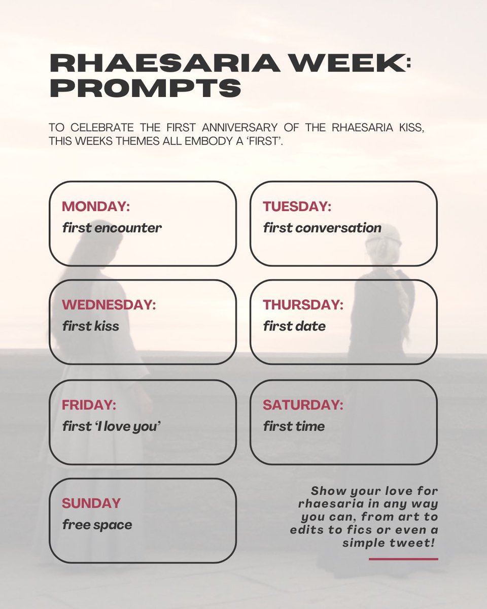 rhaesariathink's tweet image. almost 1 year since rhaenyra and mysaria’s first kiss coming up on the 21st! to commemorate this we’re hosting rhaesaria week to share edits, fics, art and ideas! we even have a prompts with a theme of “firsts” for each day! excited to see what you all come up with 🥳