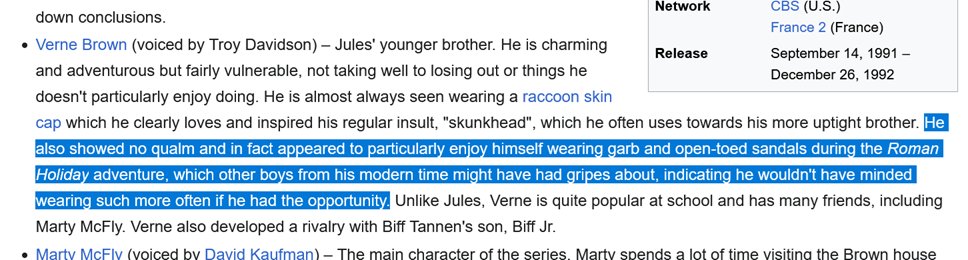 Hello, police? Yes I'd like to report an Evil Sentence.

Yes that's right, an "Evil Sentence". There is an Evil Sentence on the wikipedia page for the Back to the Future cartoon series from 1991, just lurking there and going unchallenged for golly knows how long.