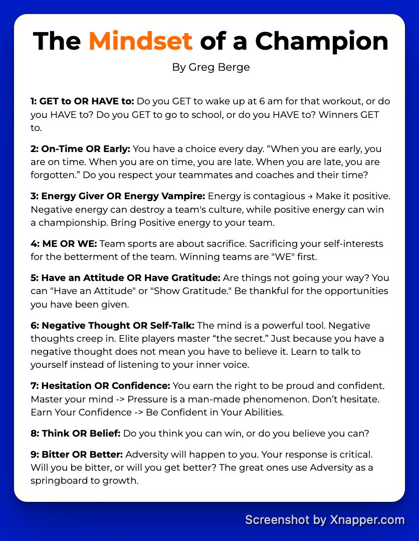 The best champions don’t just train harder.

They think differently.

They choose gratitude over attitude.
They show up early, not just on time.
They say “I GET to,” not “I HAVE to.”

Winning starts with mindset.

The 9 Mindsets of a Champion