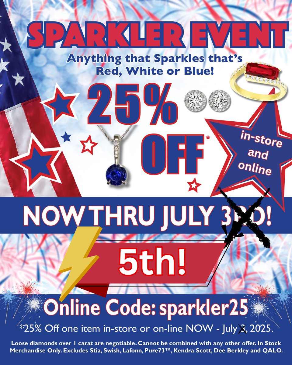 Our jewelry store manager Tricia decided to give you 2 EXTRA days to SAVE! Wow! 25% OFF Until July 5th! Sparkle when you Celebrate!
#Extradays #saveonbling #sparkler25 #sparklerevent #shinebright #redwhitebluebling #YouDeserveTheBest #shoplocal #shopnow
pughsdiamonds.com