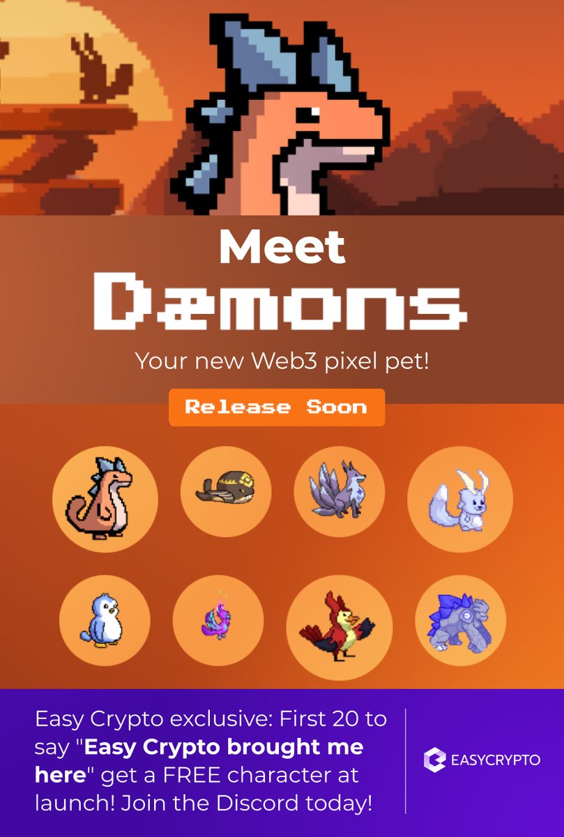 Meet Dæmons: Your new Web3 pixel pet! An AI-powered, omnichain game across Polygon, Base &amp; Solana. Easy Crypto exclusive: First 20 to say "Easy Crypto brought me here" get a FREE character at launch! Join the Discord today! 
linktr.ee/Daemons_gamefi