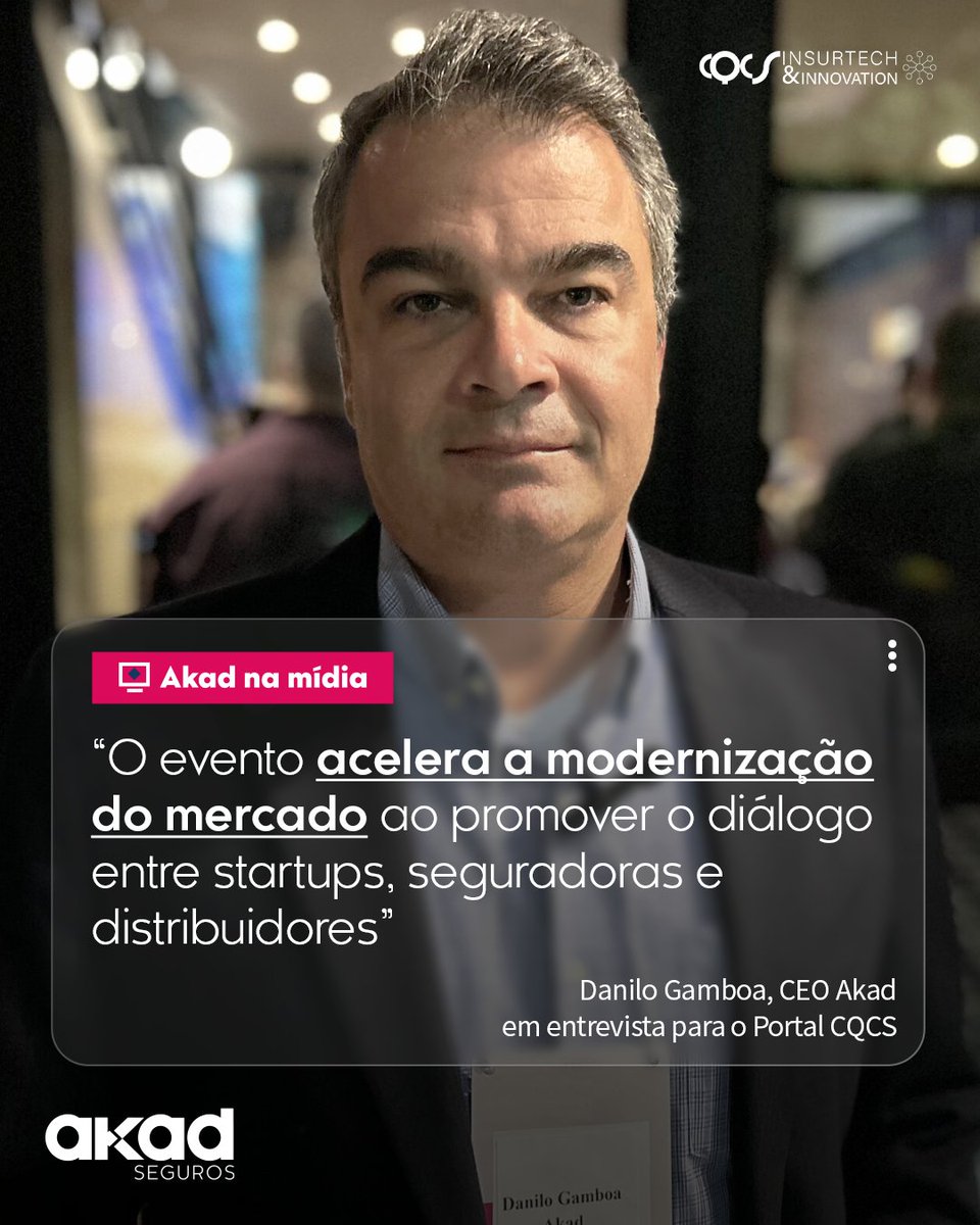 Nosso CEO, Danilo Gamboa, está confirmado no Painéis de Líderes do CQCS Insurtech &amp; Inovação 2025! Ele vai falar sobre como tecnologia e colaboração estão transformando o setor de seguros. Leia no CQCS: bit.ly/4evs88V #AkadSeguros #Inovacao #Seguros