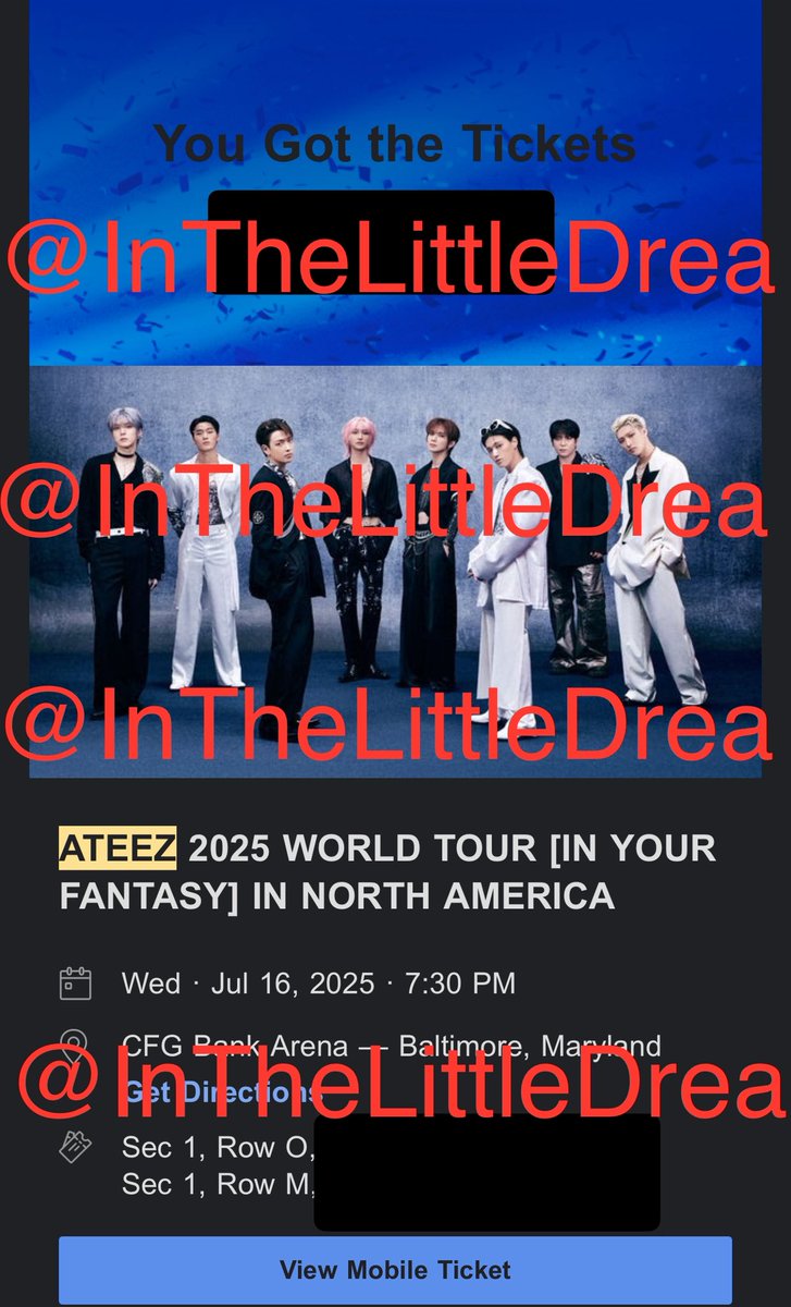 InTheLittleDrea's tweet photo. (WTS) Selling 2 Fantasy Tickets for Ateez in Baltimore, Maryland. 

Not seated together.  

Sec 1, Row M 
Sec 1, Row O  

FV or reasonable offer
PayPal g&amp;s okay

#ATEEZ #ATEEZTour https://t.co/YdZVWpIiHS
