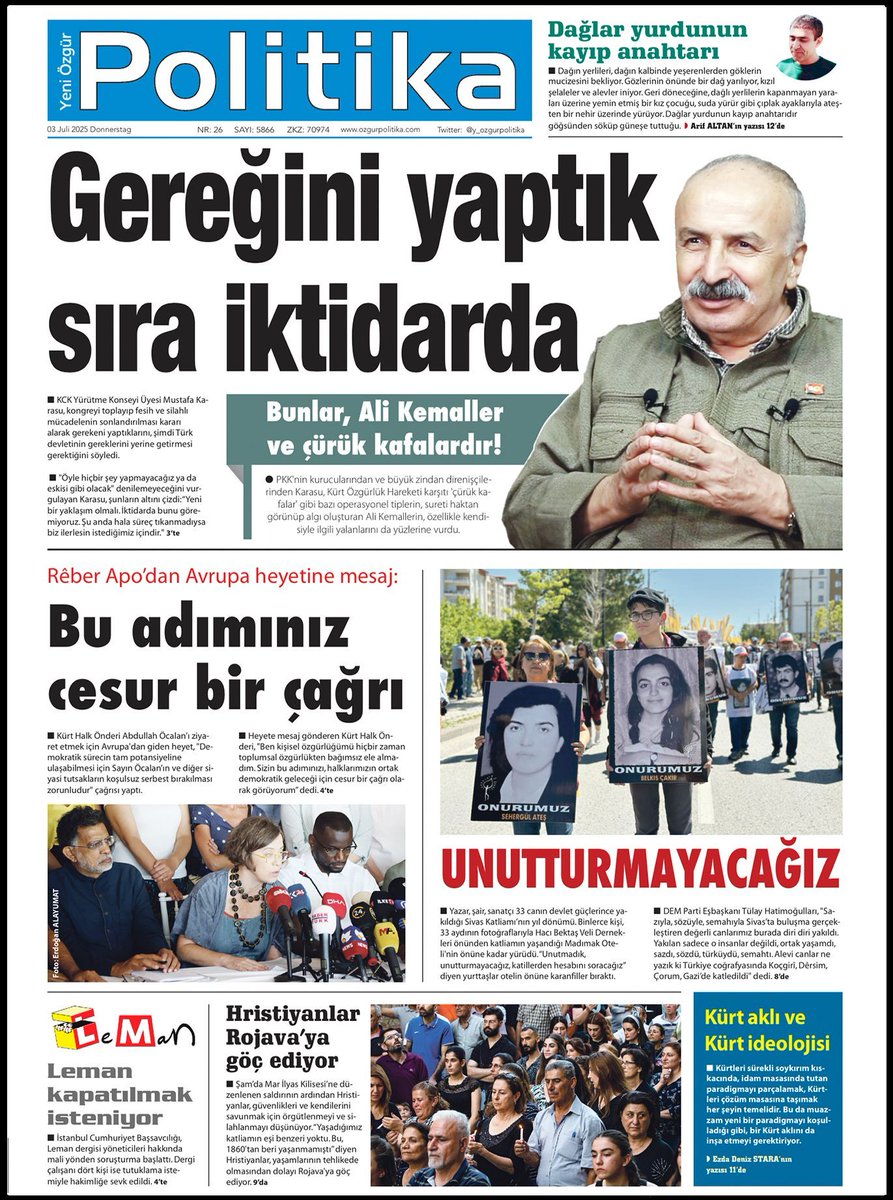 🔴MANŞET

Gereğini yaptık, sıra iktidarda

Mustafa Karasu, fesih ve silahlı mücadelenin sonlandırılması kararı alarak gerekeni yaptıklarını, şimdi Türk devletinin gereklerini yerine getirmesi gerektiğini söyledi. Karasu, “Süreç tıkanmadıysa biz ilerlesin istediğimiz içindir" dedi