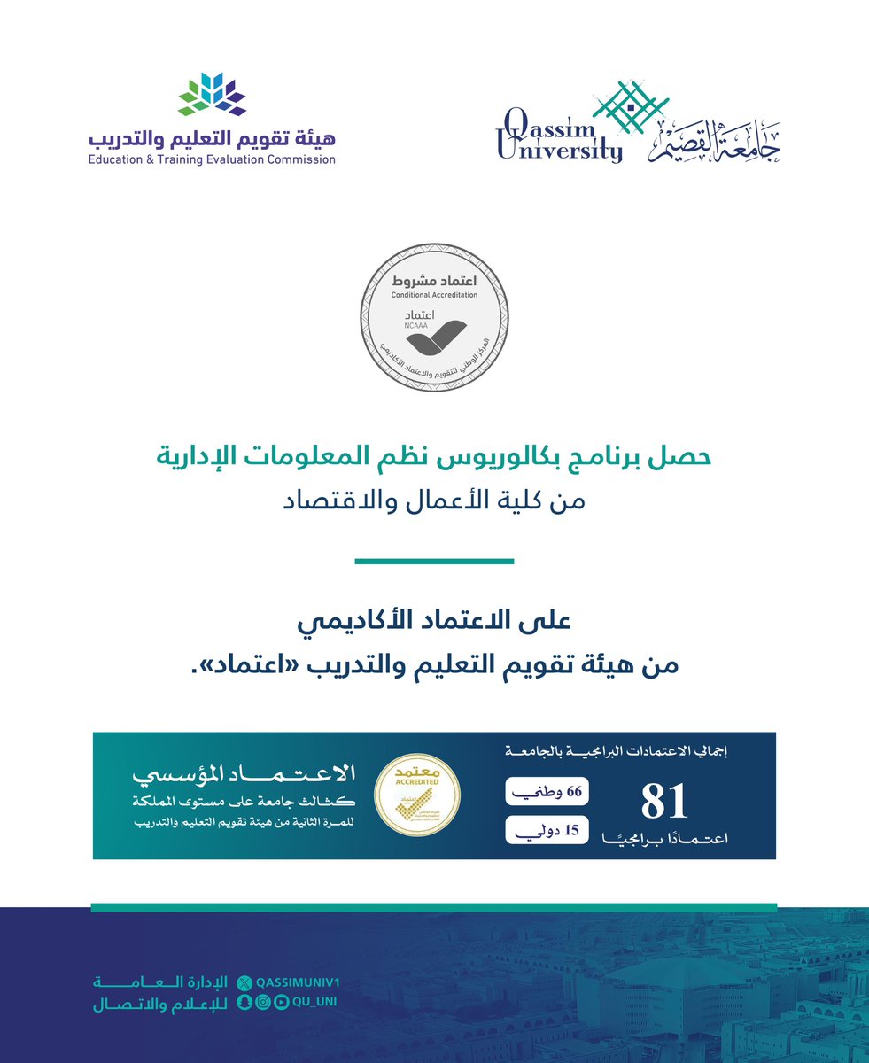 حصل برنامج بكالوريوس نظم المعلومات الإدارية من كلية الأعمال والاقتصاد بـ #جامعة_القصيم على الاعتماد الأكاديمي من هيئة تقويم التعليم والتدريب #اعتماد.