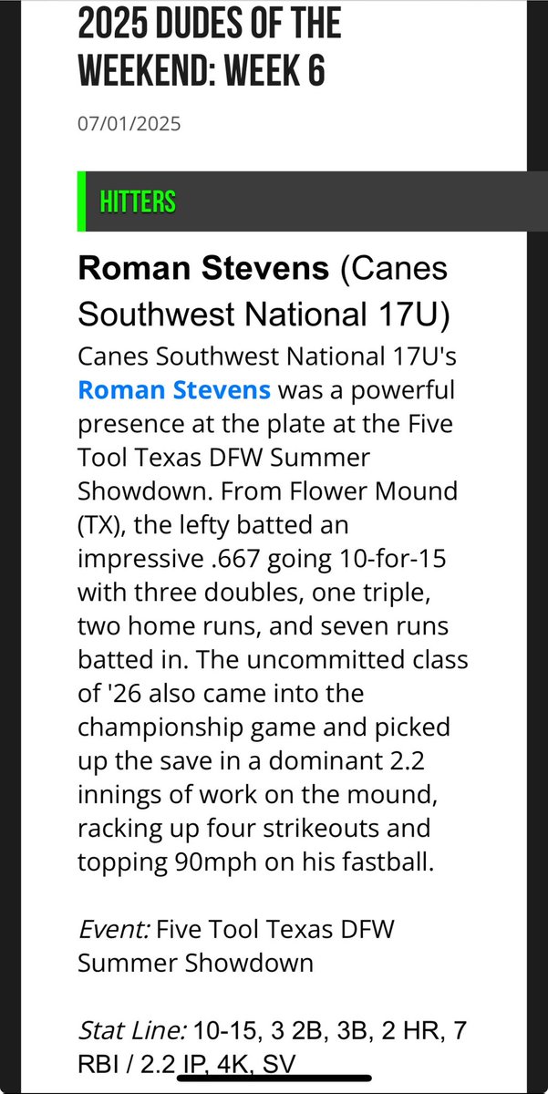 Roman Stevens44 (@romanstevens44) on Twitter photo Followed up the PG UBC South tourney with another great week at the Five Tool DFW Showdown! <a href="/canes_recruits/">Canes SW Recruiting</a> <a href="/2026_alexander/">Canes SW National 17u</a> Followed up the PG UBC South tourney with another great week at the Five Tool DFW Showdown! <a href="/canes_recruits/">Canes SW Recruiting</a> <a href="/2026_alexander/">Canes SW National 17u</a>