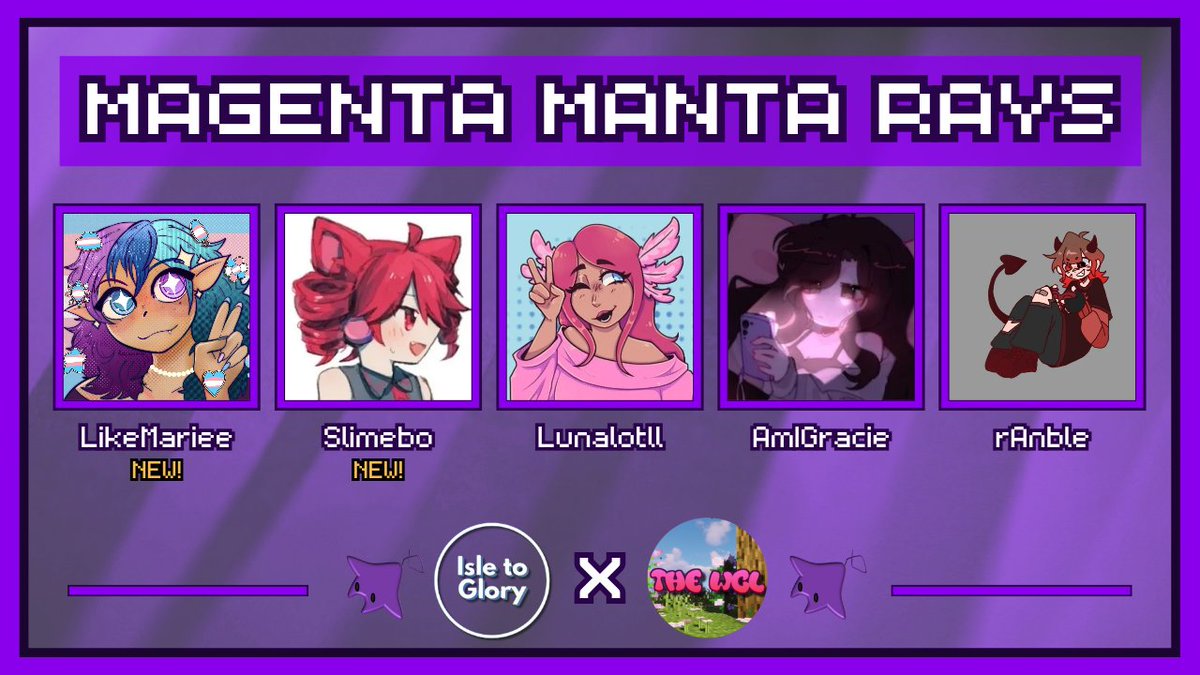 Clovish🍀 (@clovishlive) on Twitter photo 🌷Announcing the Magenta Manta Rays! 💜
LikeMariee Slimebo <a href="/Lunalotll/">LunaLOTSOFPILESOFGENDERS🍉</a> <a href="/amigracieig/">Grace ♡</a> <a href="/rAnble_/">rAnble || ART COMMISSIONS OPEN</a>
Watch them play in WCL x Isle to Glory on July 12th at 8 PM CEST / 2 PM EDT! ⚔️ 🌷Announcing the Magenta Manta Rays! 💜
LikeMariee Slimebo <a href="/Lunalotll/">LunaLOTSOFPILESOFGENDERS🍉</a> <a href="/amigracieig/">Grace ♡</a> <a href="/rAnble_/">rAnble || ART COMMISSIONS OPEN</a>
Watch them play in WCL x Isle to Glory on July 12th at 8 PM CEST / 2 PM EDT! ⚔️
