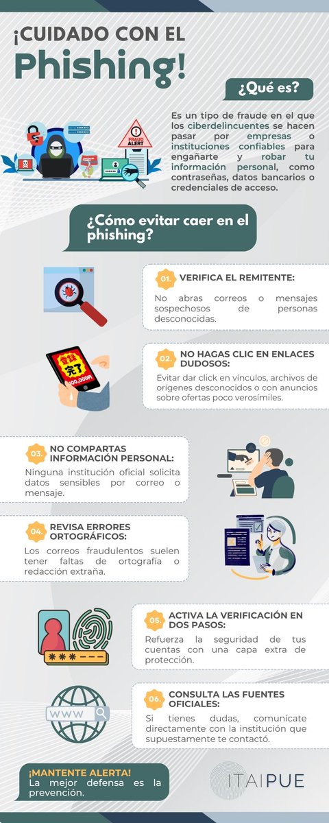 🎣🚫💻 | ¡Cuidado con el Phishing! 🛑📧🔐

📲 ¡Evítalo con estas recomendaciones! Consulta nuestra infografía y mantente alerta ante cualquier intento de engaño 🧠💡🖼️

#ITAIPUE 🔍 #Phishing #Ciberseguridad #ProtegeTusDatos