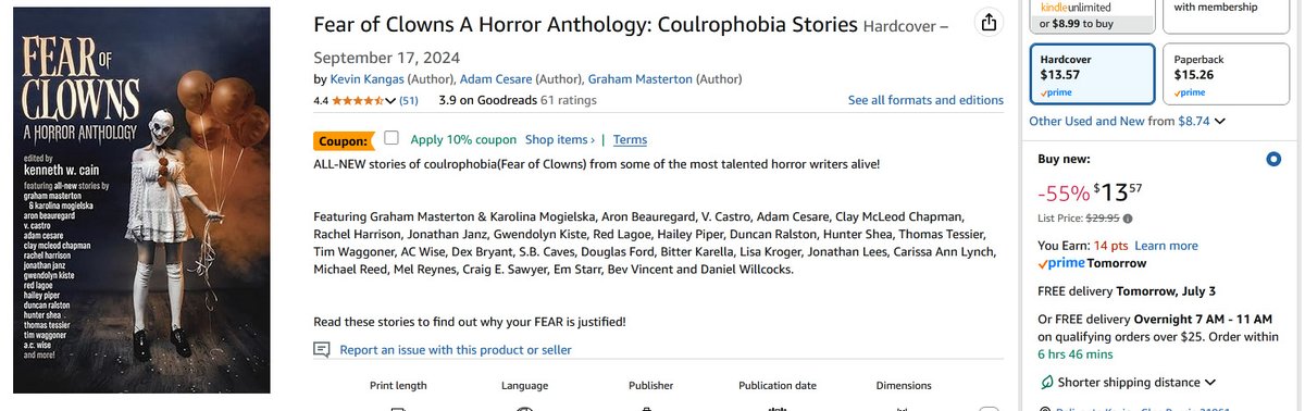 kangkahnpublish's tweet image. Anybody else see that the Fear of Clowns HC is at 55% off? I think that's basically cost...not sure why Amazon's doing it(mistake?), but better get in while you can!
(might even be a 10% to make it cheaper...)
amazon.com/Fear-Clowns-Ho…