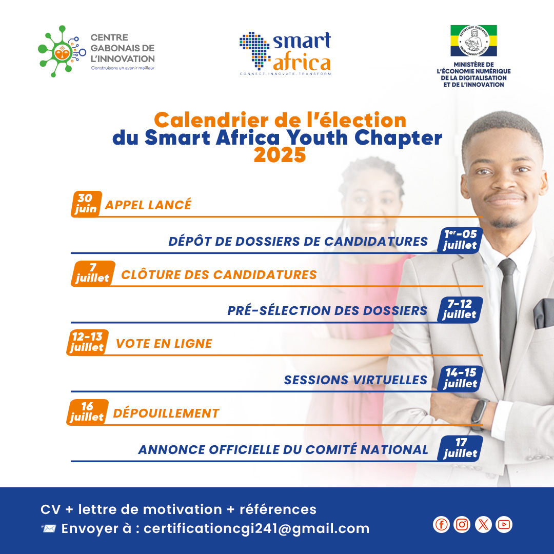 cgi_officiel's tweet photo. 📅 Le compte à rebours est lancé pour l’élection du Comité National SAYC Gabon 2025 !

📌 Clôture des candidatures : 7 juillet 2025
📩 Plus d’infos ➤ certificationcgi241@gmail.com
🔗 Formulaire : https://t.co/mN9psFmZTB

#SAYCGabon #YouthLeadership #CGI #SmartAfrica https://t.co/jm26KiRSSW